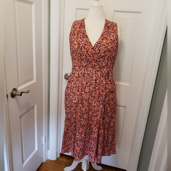 NWT London Times Orange Floral Print 1/2 Wrap Dress, Crepe Feel, Size 14 - Picture 1 of 11